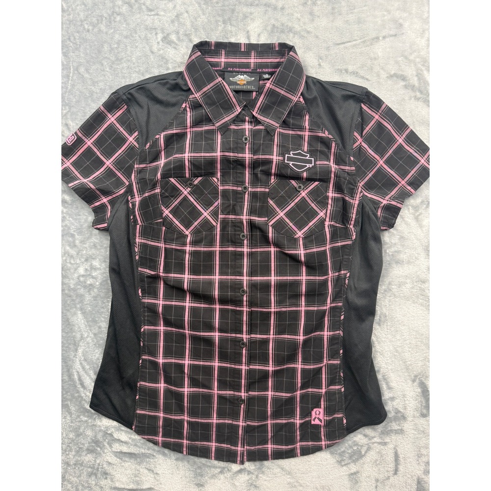 Harley Davidson Shirt women Performance Plaid Black Pink cancer support Small